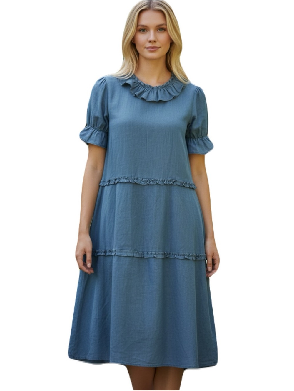 NWT Roolee x Lauren Virginia XXS Oversized Slate Blue Ruffle Linen Midi Dress